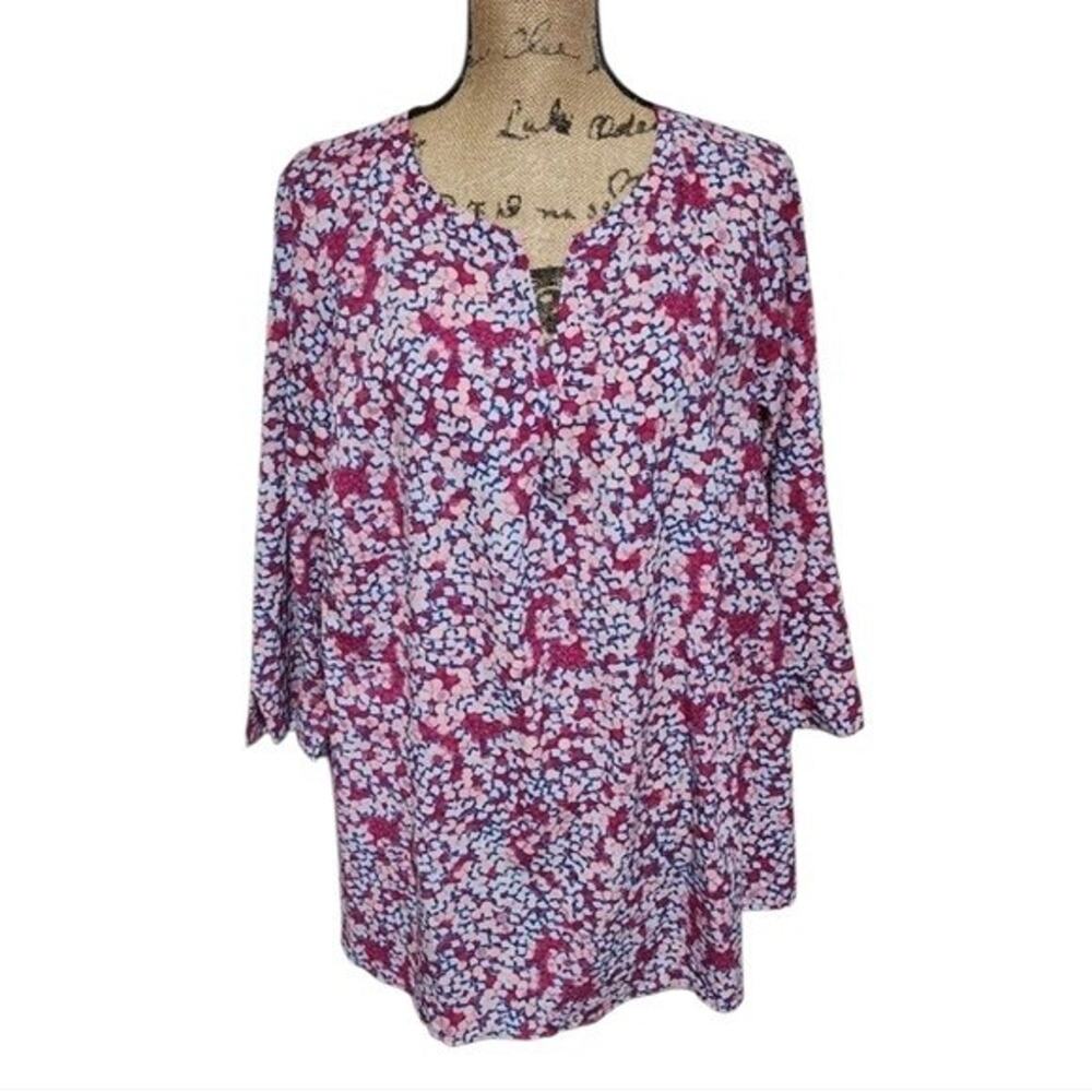 Lane Bryant Pink Purple Abstract Dot Mixed Media Split Neck Blouse 18/20 2X